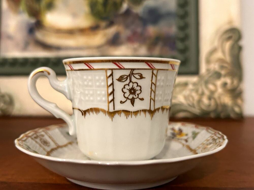 Heinrich Germany Porcelain Demitasse Tea Cup & Saucer Set Bird Pattern Gold Trim